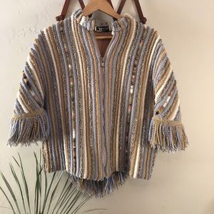 Vintage 70s wool fringe boxy poncho zip cardigan